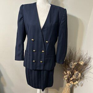 Kasper For ASL 2pc Skirt Suit Navy Blue Pinstripe Double Breasted Blazer Sz 10